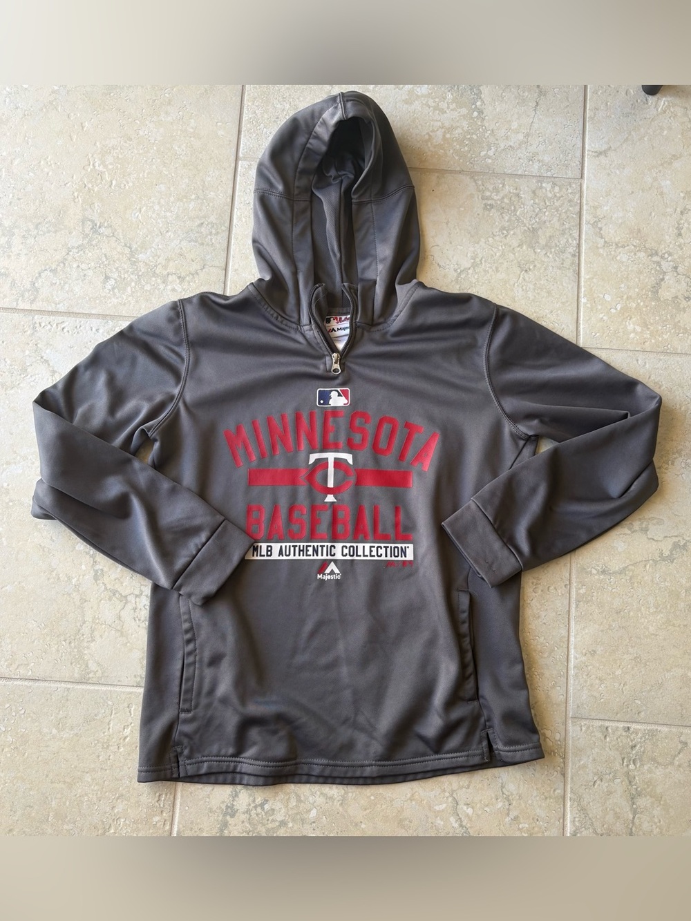 Majestic Minnesota Baseball Gray Hooded Pullover with Red Logo